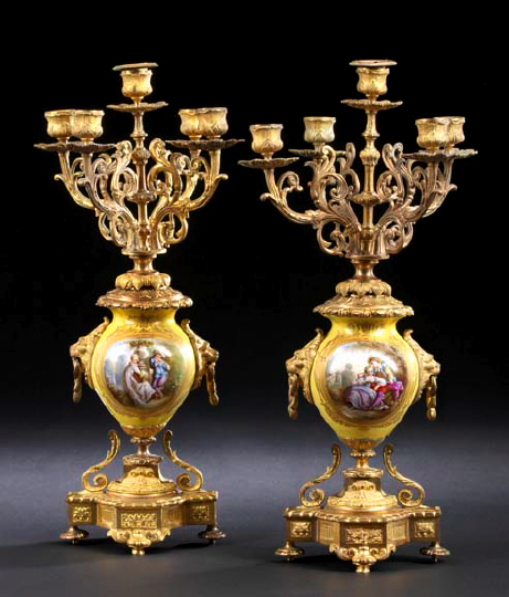 Appraisal: Pair of Gilt-Brass-Mounted Fond Jaune Porcelain Five-Light Candelabra fourth quarter