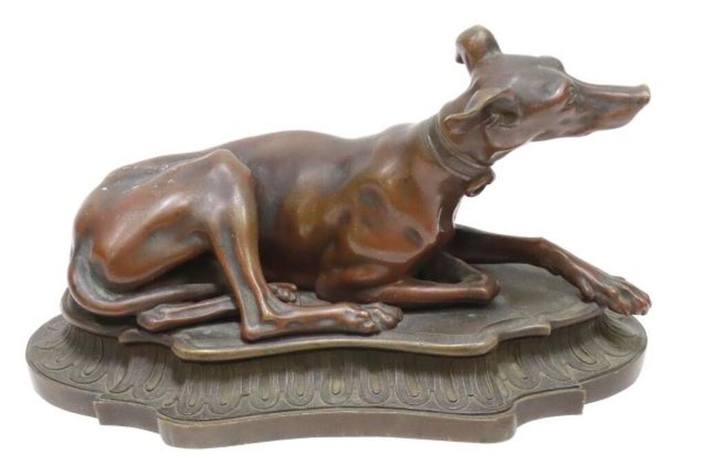 Appraisal: Patinated bronze sculpture Greyhound recumbent on shaped base approx h