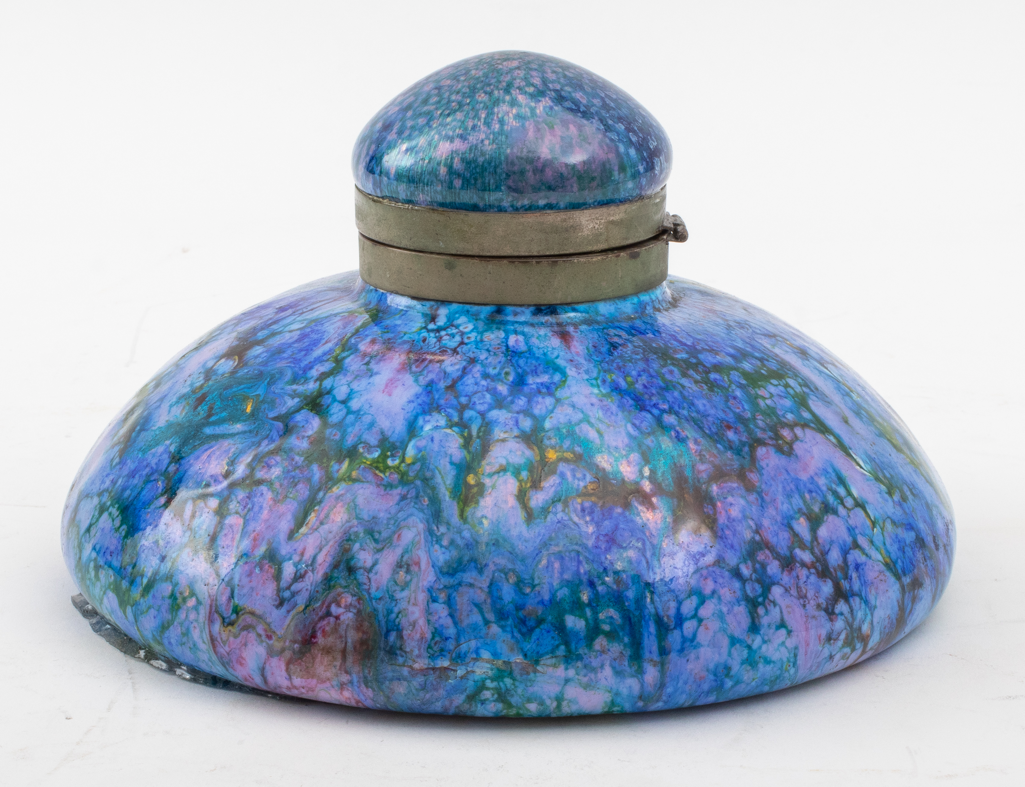 Appraisal: IRIDESCENT ENAMEL INKWELL Iridescent enameled brass inkwell unmarked H x