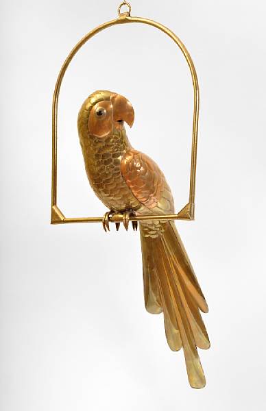 Appraisal: A Mexican brass and copper parrot on perch s The