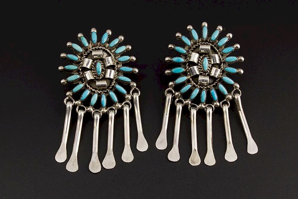 Appraisal: Zuni Needlepoint Earrings Zuni Needlepoint Sterling Silver Earrings with Kingman