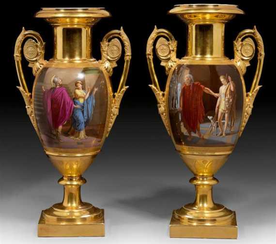 Appraisal: PAIR OF EMPIRE VASES WITH ANTIQUE TRAGEDY SCENES Paris Schoelcher