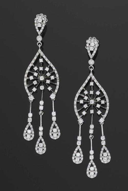 Appraisal: BRILLIANT-CUT DIAMOND PENDANT EARRINGS White gold Decorative long pendant earrings