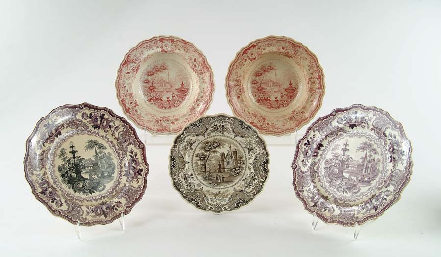 Appraisal: LOT OF FIVE STAFFORDSHIRE TRANSFER PLATES Two - Fountain Scenery