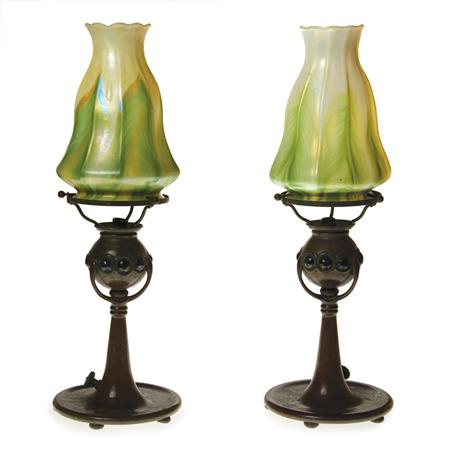 Appraisal: Pair of Tiffany Studios Bronze and Favrile Glass Candle Lamps