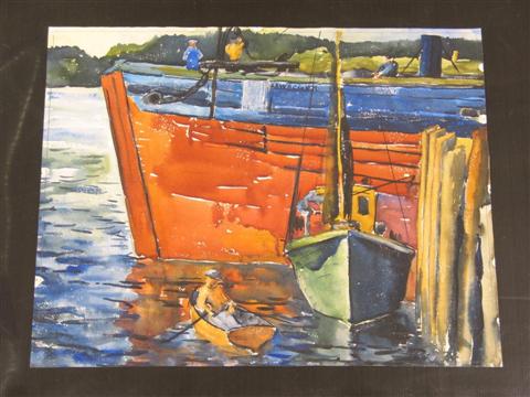 Appraisal: FRANK LEONARD ALLEN AMERICAN - GREEN BOAT AT DOCK Watercolor