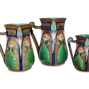 Appraisal: A Set of Three English Copeland Majolica Lotus Jugs Last-Quarter