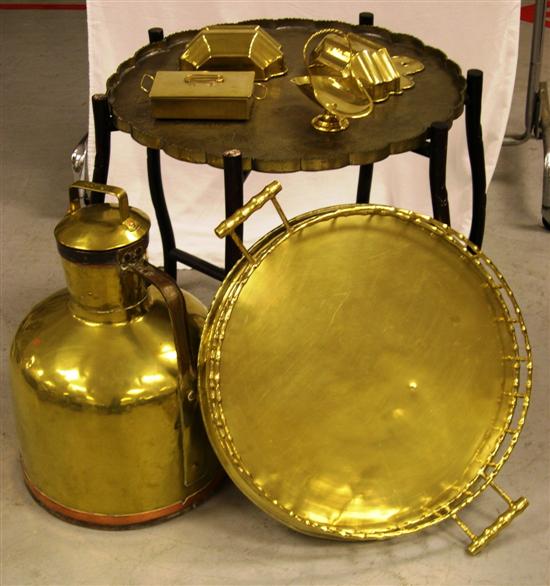 Appraisal: Brass an oval tray on stand a large lidded vessel