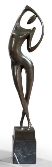 Appraisal: French Patinated Bronze Abstracted Figure depicting a nude dancer stretching