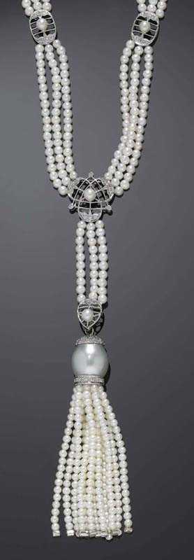 Appraisal: PEARL AND BRILLIANT-CUT DIAMOND NECKLACE White gold Fancy 'Y'-shaped necklace