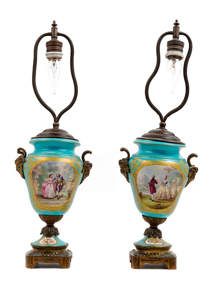 Appraisal: A Pair of Sevres Style Porcelain Urns Mounted as Lamps