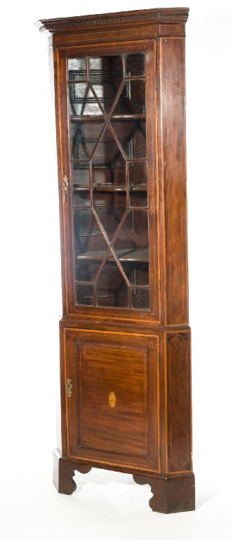 Appraisal: GEORGE III INLAID MAHOGANY PART-GLAZED STANDING CORNER CUPBOARD the moulded