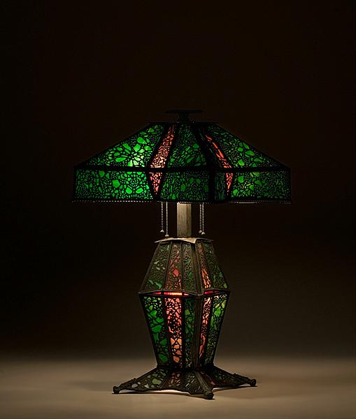 Appraisal: RIVIERE METAL OVERLAY SLAG GLASS LAMP American ca - A