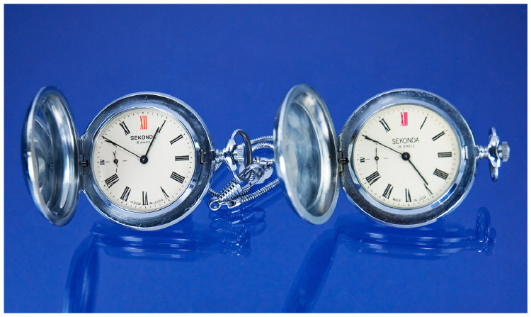 Appraisal: Two Russian Sekonda Pocket Watches Chrome cased white dials jewels