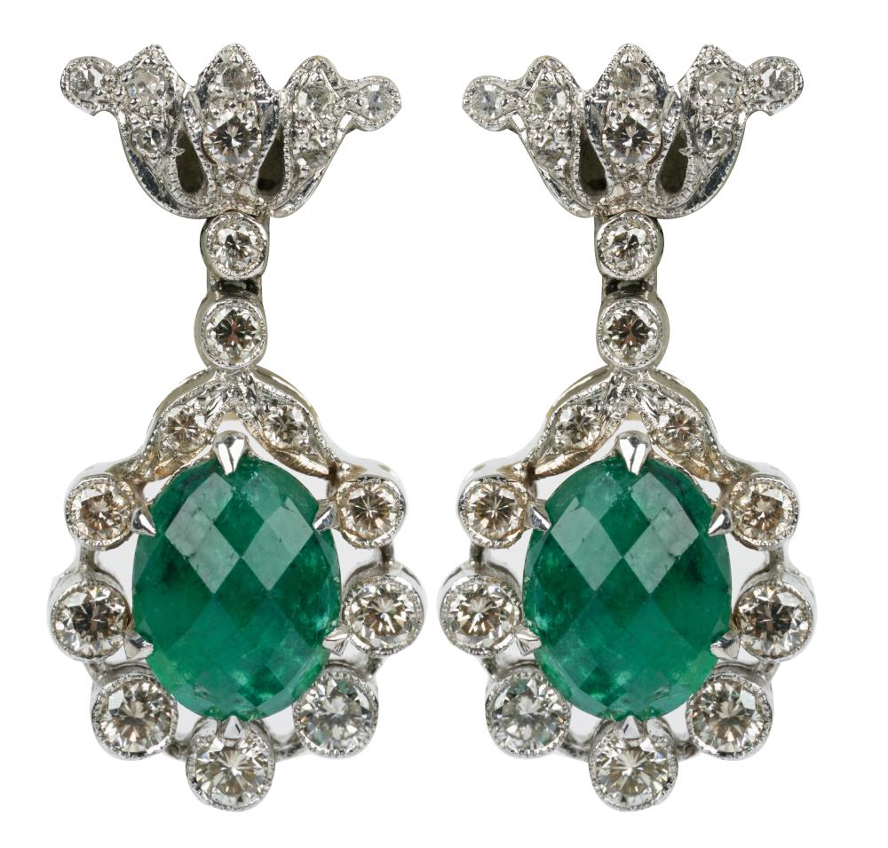 Appraisal: KARAT WHITE GOLD DIAMOND EMERALD DROP EARRINGScontaining two oval checkerboard