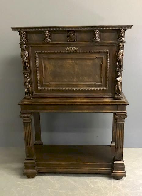 Appraisal: Gothic Walnut Vargueno Desk with Carved Figures Gothic walnut vargueno