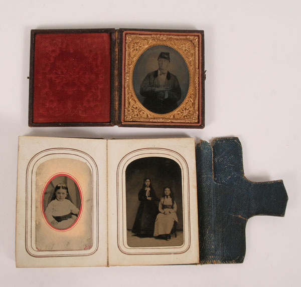 Appraisal: Early photographs in leather cases tintypes and additional pictures including