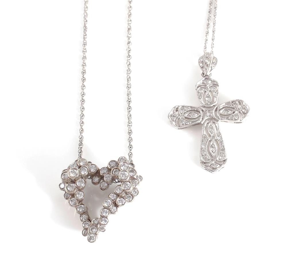 Appraisal: Diamond pendants on chains heart H W cross H W