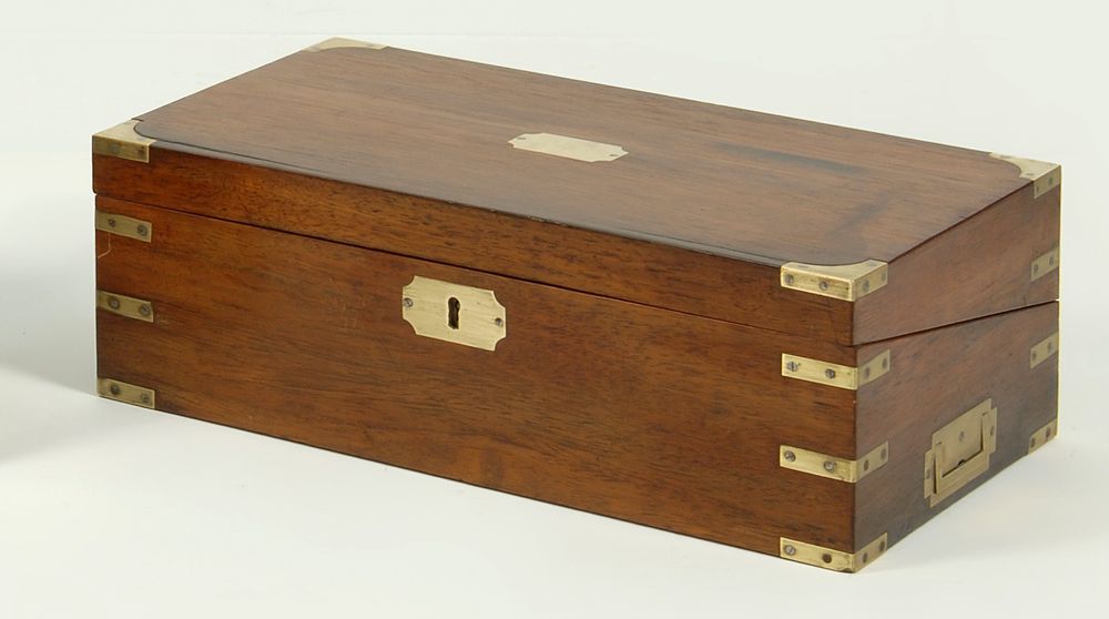 Appraisal: WOODEN LIFT-TOP WRITING BOX th CenturyIn mahogany with inset brass