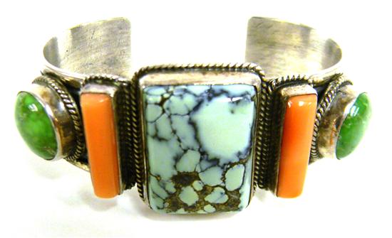 Appraisal: Jewelry sterling silver turquoise coral and agate cuff bracelet light