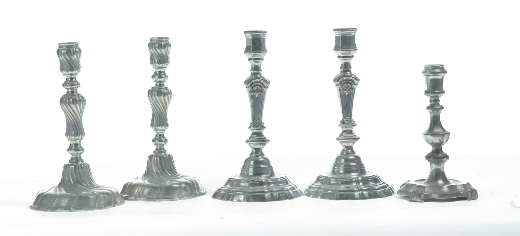 Appraisal: FIVE EUROPEAN PEWTER CANDLESTICKS Late th- th century Two pair