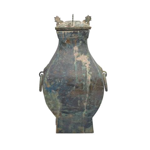 Appraisal: Bronze Faceted Vase Hu Han Dynasty Supported on a tall