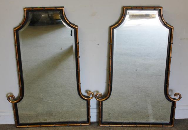 Appraisal: Decorative Midcentury Pair of Gilt Metal and FauxBamboo Mirrors From