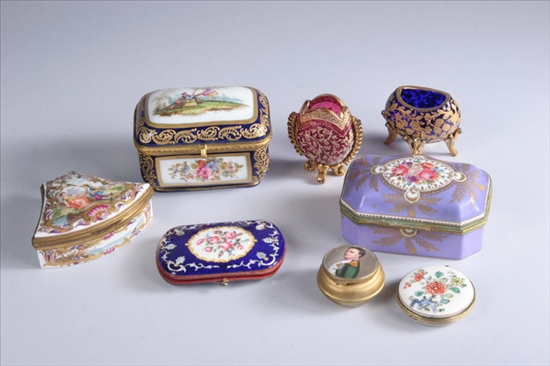 Appraisal: EIGHT PORCELAIN AND GLASS MINIATURES Enamelled ruby and cobalt glass