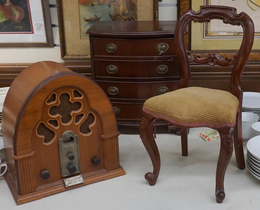 Appraisal: Fruitwood Chest-Form Jewelry Box Diminutive Side Chair and Thomas Table