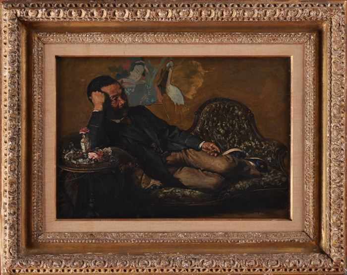 Appraisal: EUROPEAN SCHOOL ORIENTAL MAN RECLINING AND SMOKING Oil on canvas