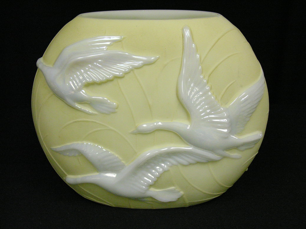 Appraisal: PHOENIX GLASS FLYING GEESE PILLOW VASE flake to top rim