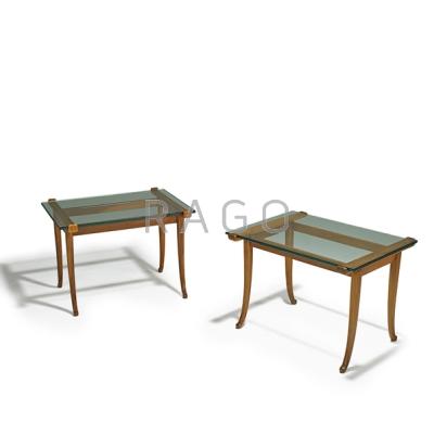 Appraisal: STYLE OF T H ROBSJOHN-GIBBINGS Pair of saber-leg side tables