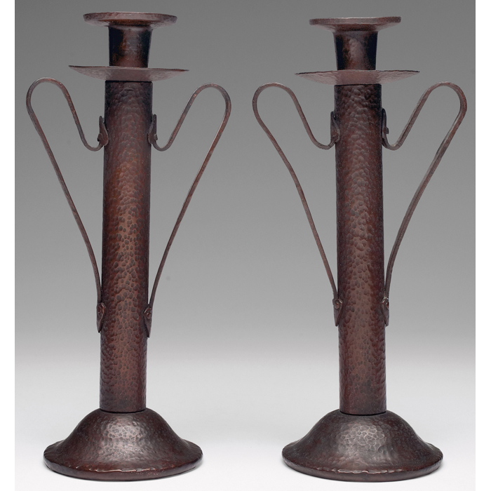 Appraisal: Benedict Studios candlesticks pair double handled forms in hammered copper