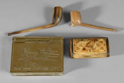 Appraisal: Four tobacco items one brass box shaped as book engraved