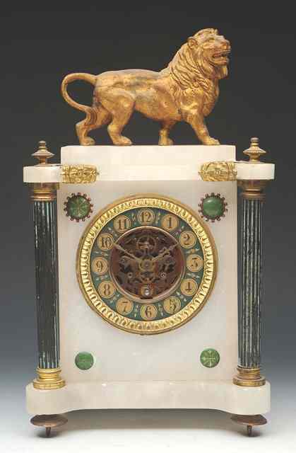 Appraisal: AN OLD FRENCH ALABASTER MANTEL TIMEPIECE with gilt metal lion