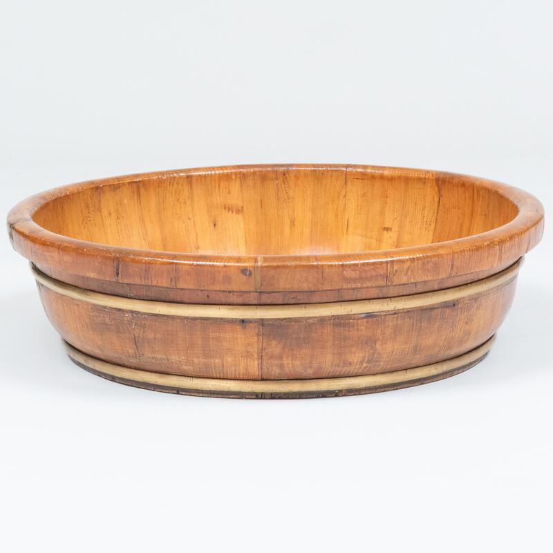 Appraisal: Brass-Mounted Stained Fruitwood Basin x in diam Condition Old repairs