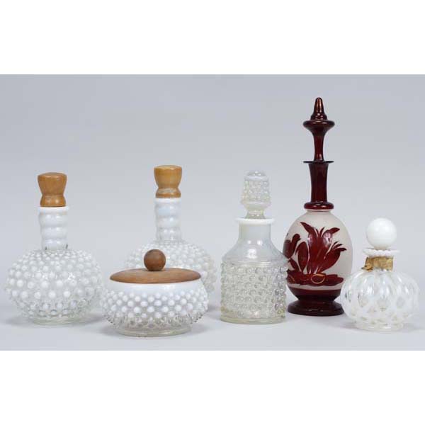 Appraisal: Collection of six Fenton and ruby flash dresser jars perfume