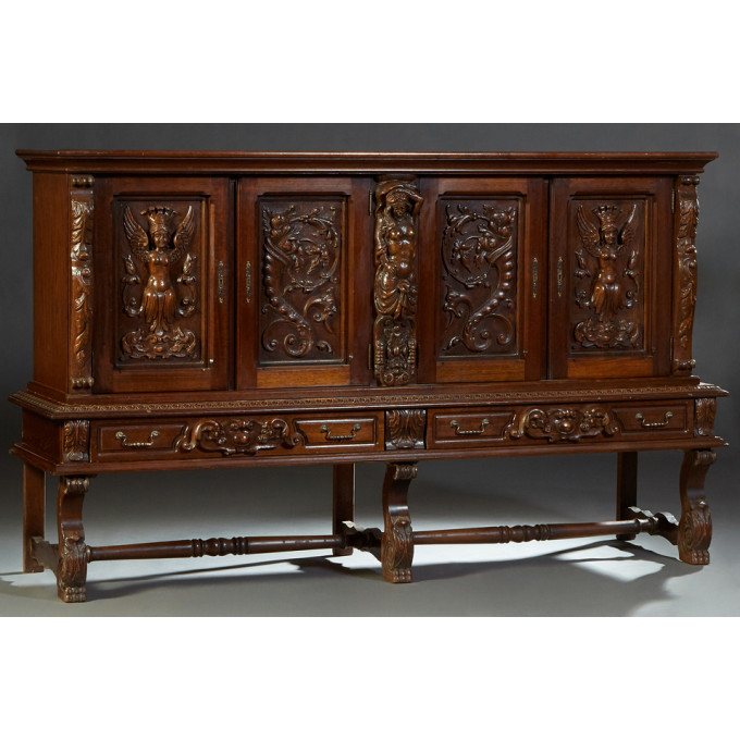 Appraisal: Spanish Renaissance Style Carved Oak Sideboard th c the stepped