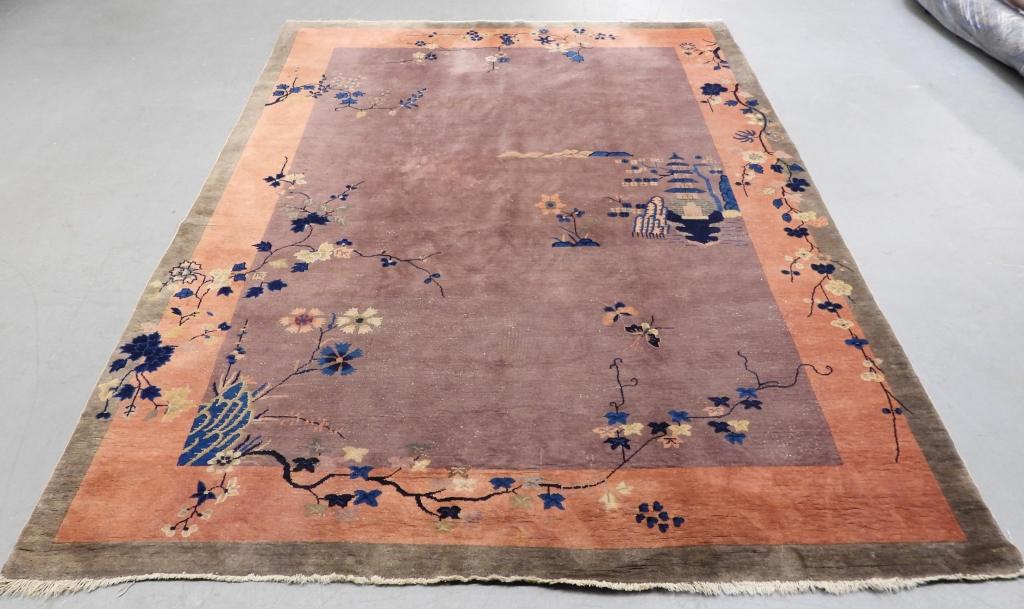 Appraisal: CHINESE ART DECO SCENIC CARPET RUG ChinaArt Deco periodAubergine field