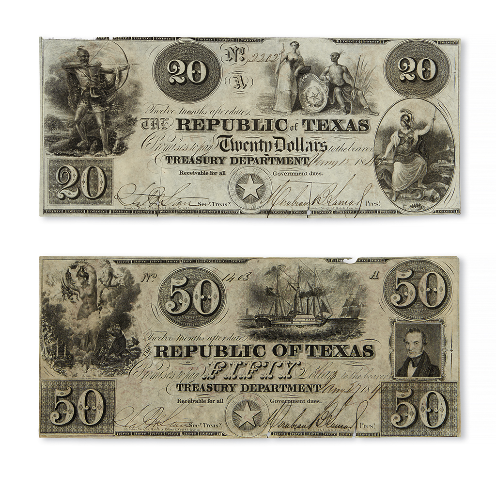 Appraisal: TEXAS Pair of obsolete banknotes issued by the Republic of