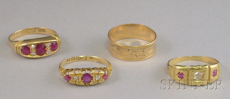 Appraisal: Three Gold Gemstone and Synthetic Diamond Rings two in kt