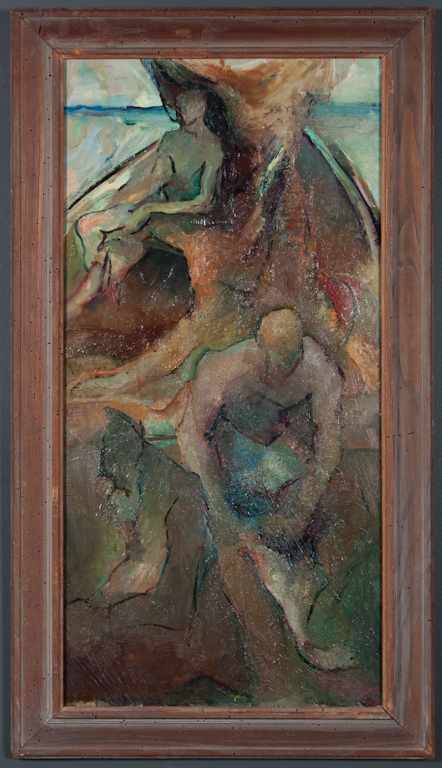 Appraisal: American School th century Three Figures in a Boat oil