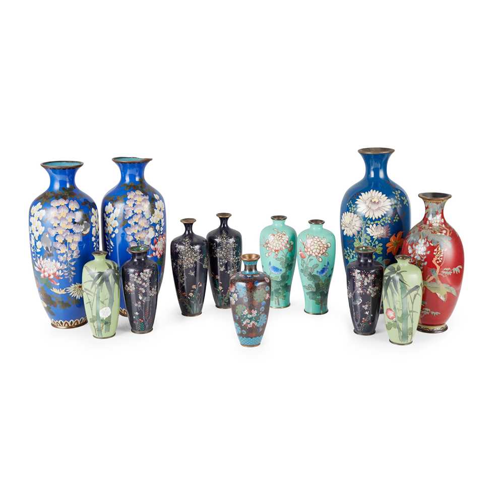 Appraisal: GROUP OF THIRTEEN CLOISONN ENAMEL VASES MEIJI TAISHO PERIOD of