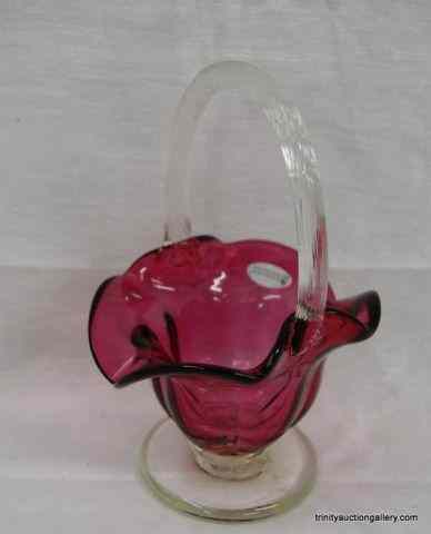 Appraisal: Fenton Glass Cranberry on Clear '' BasketWith a clear applied