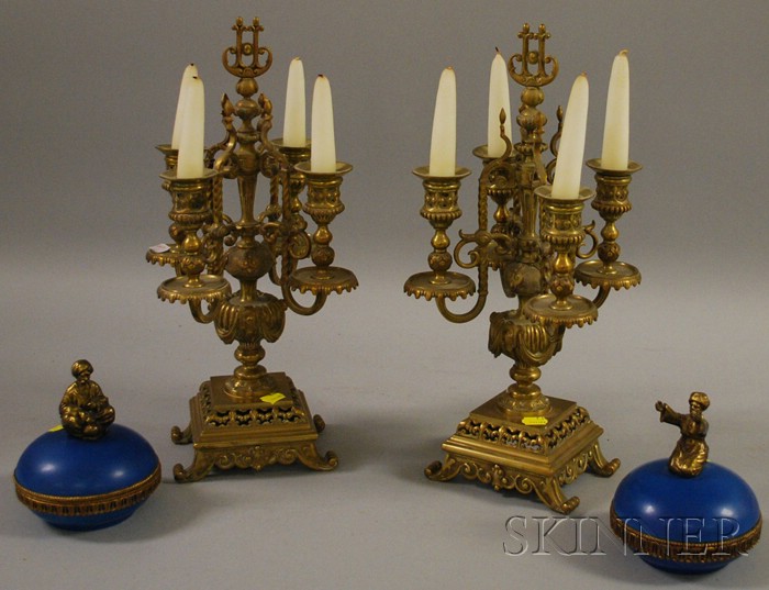 Appraisal: Pair of Italian Renaissance-style Brass Four-Light Candelabra and a Pair