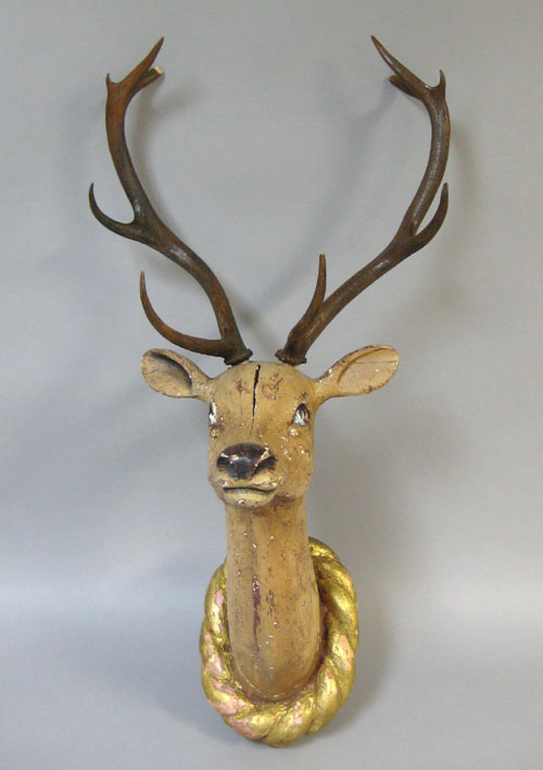 Appraisal: Carved and painted deer trophy with antlers h