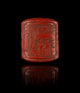 Appraisal: A Cinnabar Lacquer Four-Case Inro of rectangular form depicting two