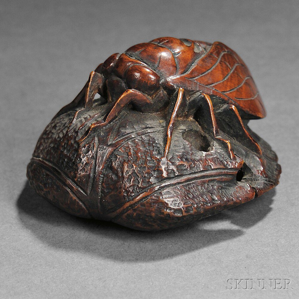 Appraisal: Wood Netsuke of a Cicada Japan th century resting with