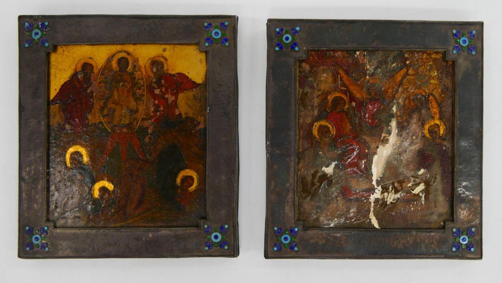 Appraisal: PAIR OF GREEK BYZANTINE SILVER ENAMELED ICONS A pair of