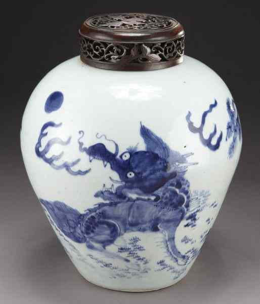 Appraisal: Chinese transitional blue and white porcelainginger jar finely painted to